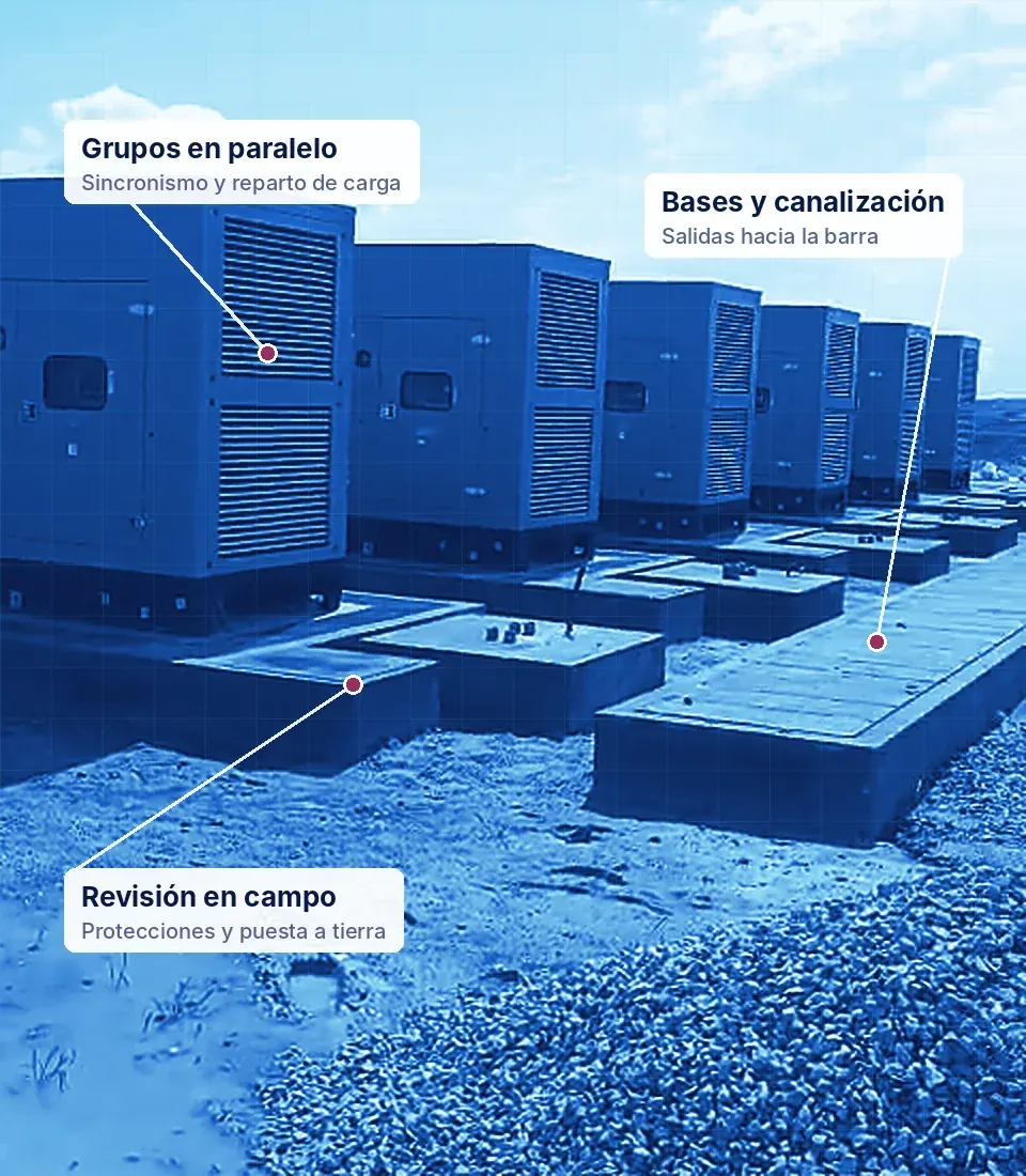 Generadores en paralelo sobre bases de concreto, con rótulos de revisión