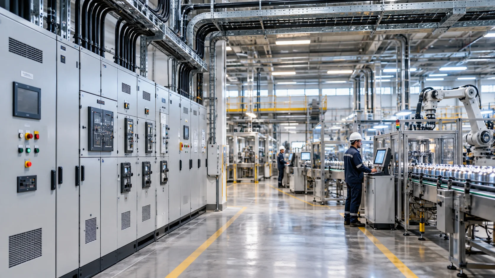 Planta industrial con tableros eléctricos y línea de producción – Nevazul